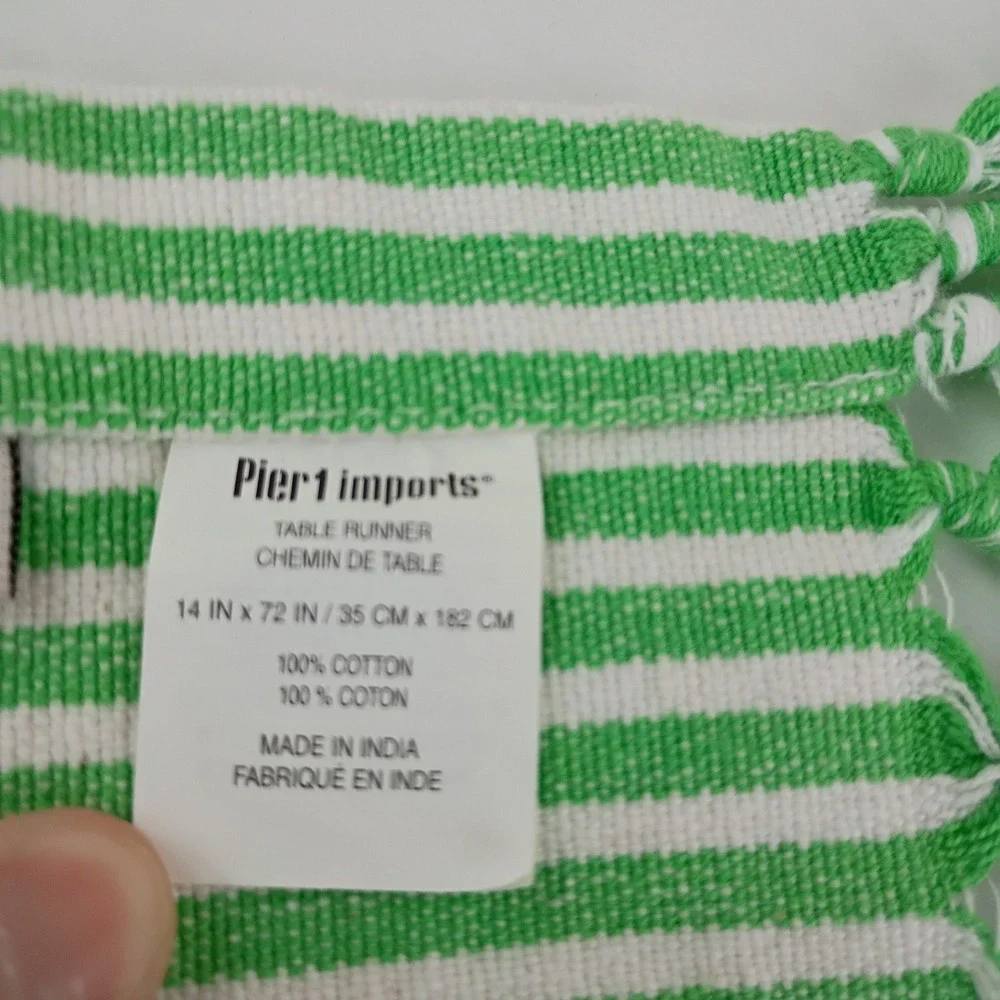 Pier 1 Imports Green White Striped Cotton Table Runner with Tassels 14x72